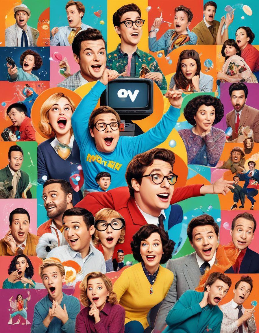 A vibrant collage of popular web comedy characters and animated series icons, each in their distinct, exaggerated poses. Bright and whimsical elements like TV screens, laughter bubbles, and comic strips spring out from the central focus, creating a fun, chaotic atmosphere. Animated-style, colorful, playful. vector art. vibrant colors.