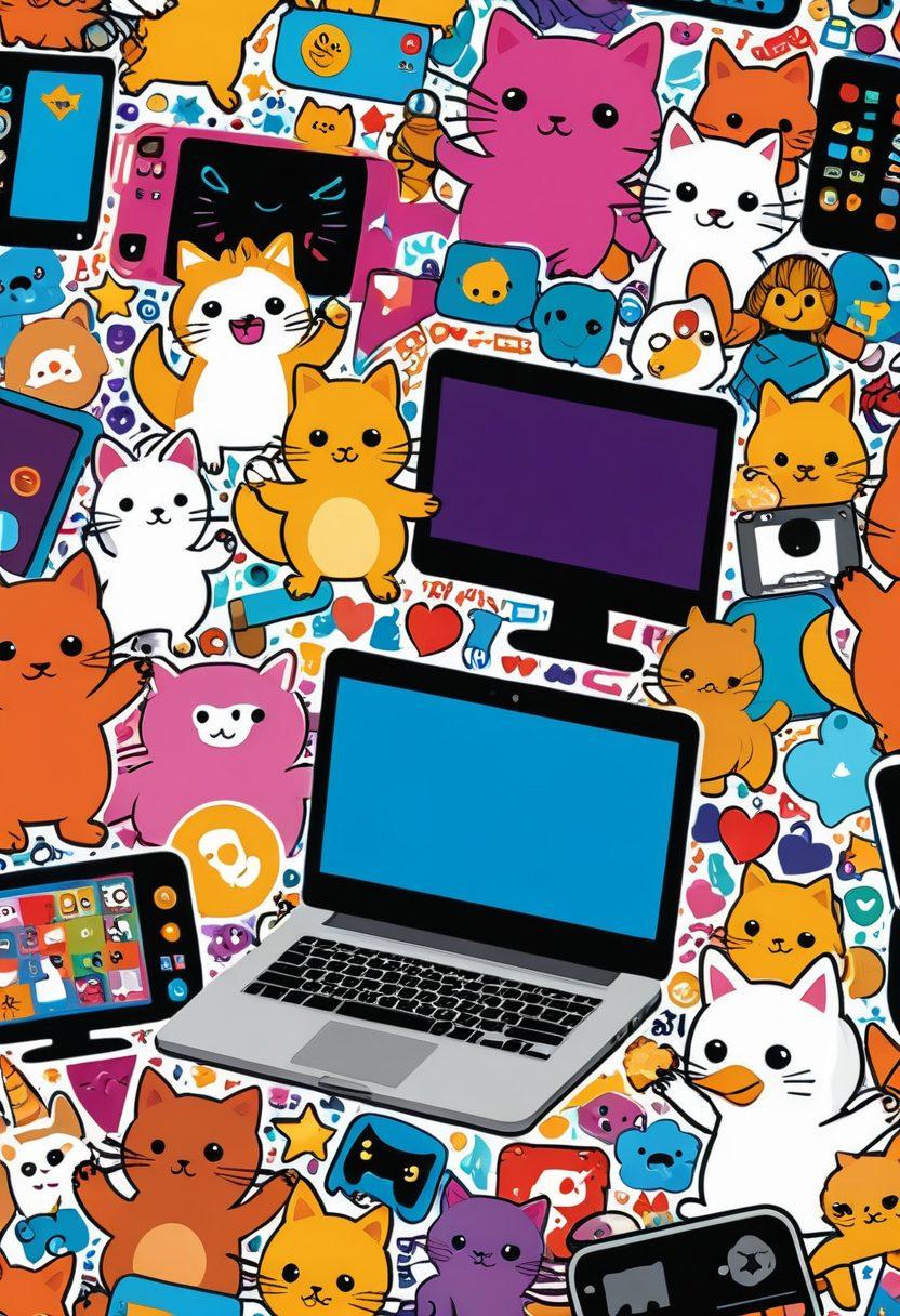 A colorful collage of popular internet cartoon characters, such as a gaming streamer cat, a talking bread slice, a superhero duck, and a ninja unicorn, all gathered around a laptop and TV screen. The background includes vibrant icons of different streaming platforms. vector art. vibrant colors. white background.