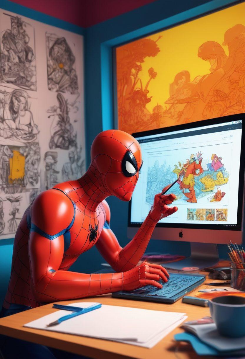 A captivating transition scene showing web comic characters morphing into vibrant animated figures on a computer screen, with dynamic cartoon scenes playing in the background. Include a palette of bright colors and sketching tools surrounding the workspace. super-realistic. vibrant colors. 3D.